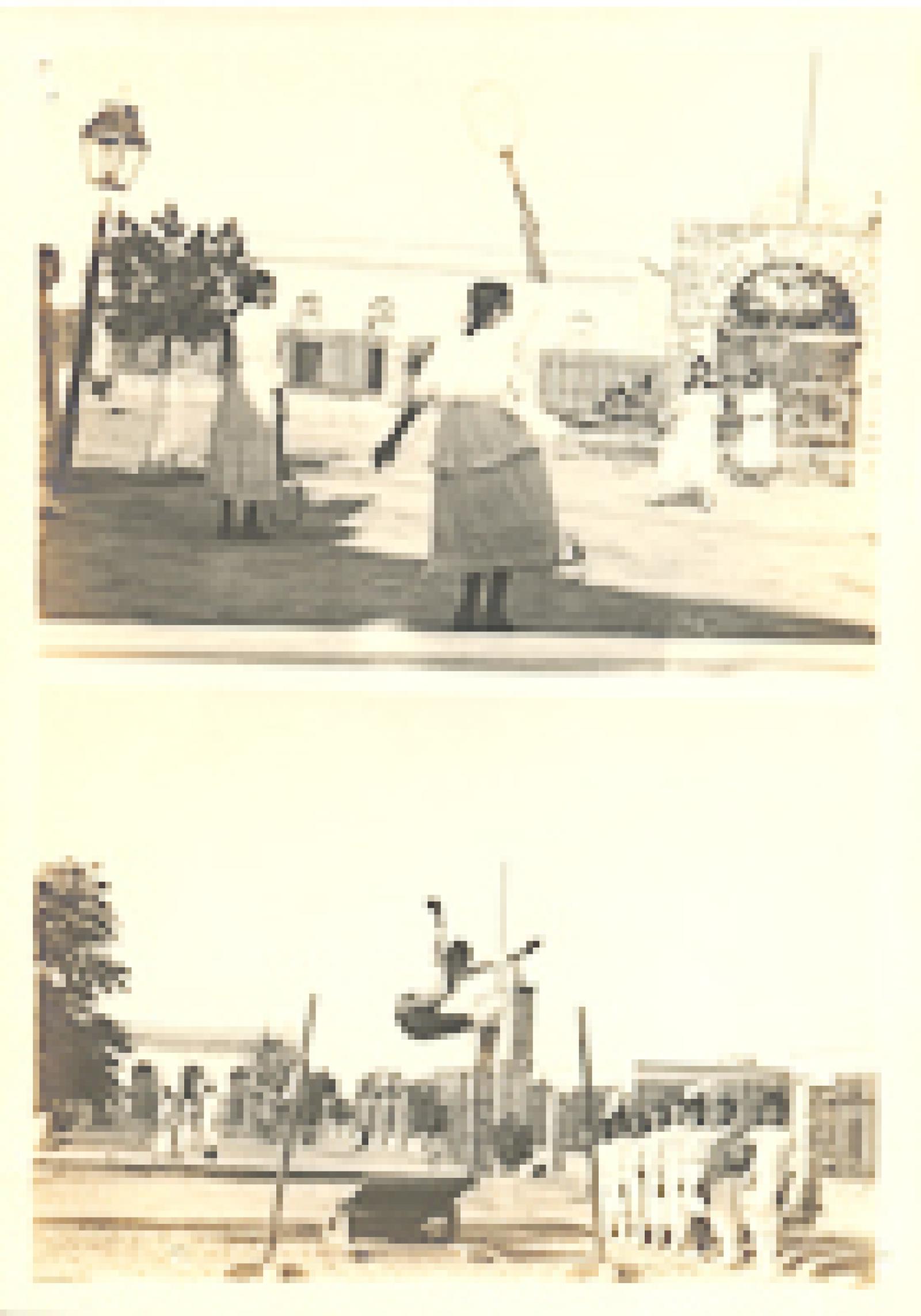 Dos imágenes. Juego de lawn tennis y ejercicios de salto de altura durante las fiestas del día de la raza.