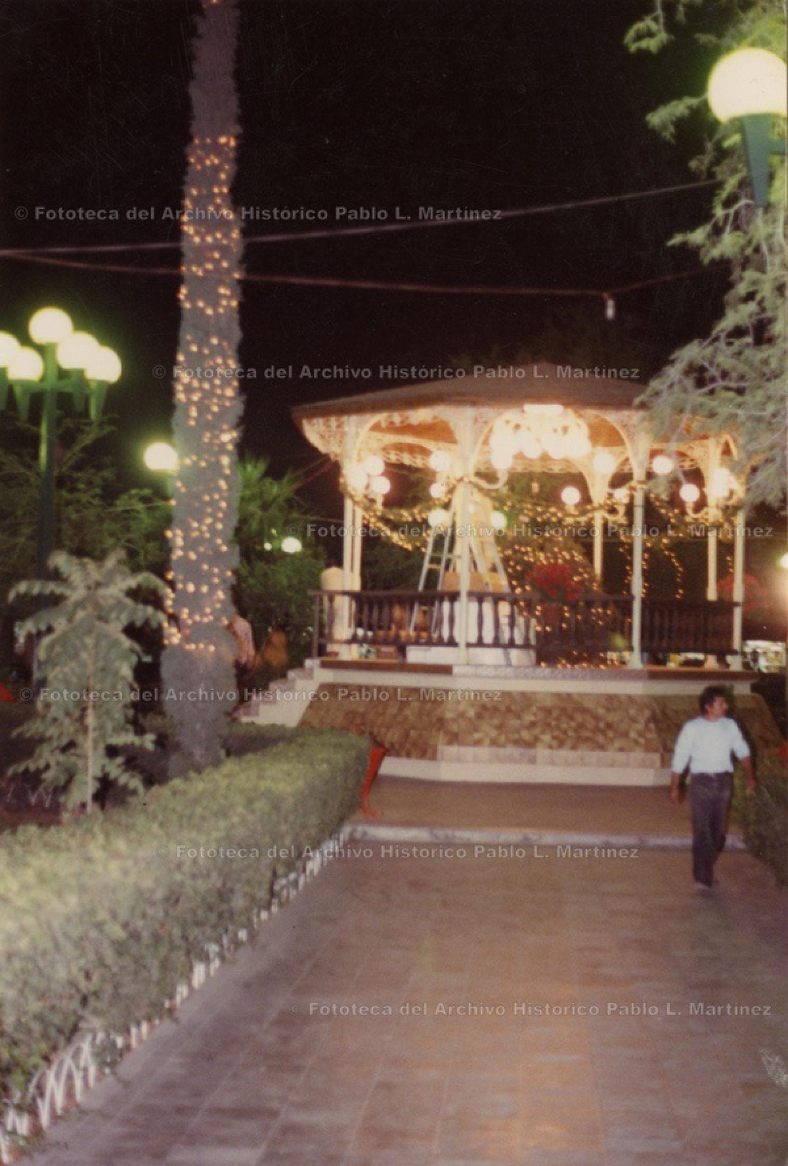El jardín Velasco adornado con luces navideñas.