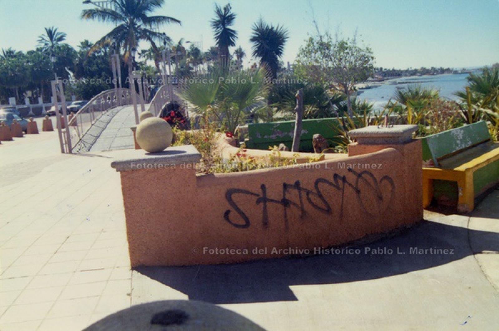 Graffiti plasmado en jardinera del parque El Molinito.
