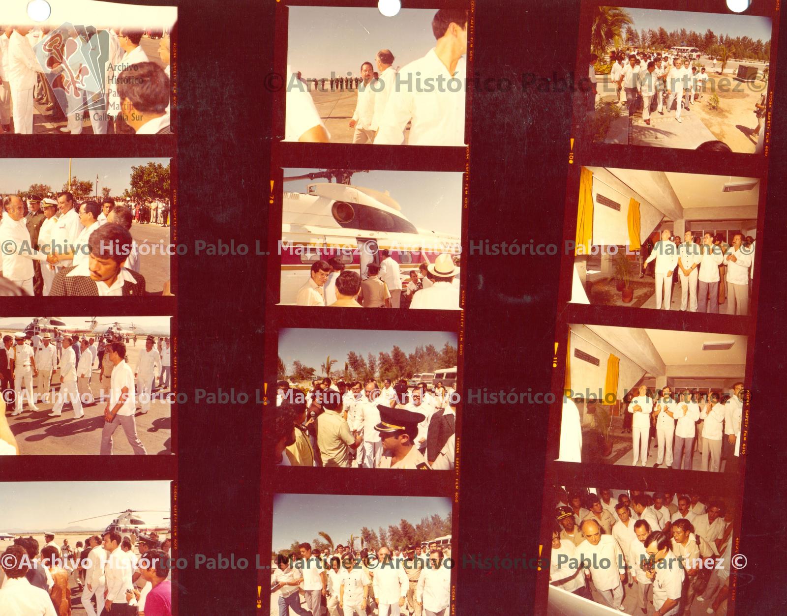 Hoja de contacto con 12 imágenes de José López Portillo y Pacheco abordando un helicóptero y de la entrega de una escuela en La Paz, Baja California Sur.