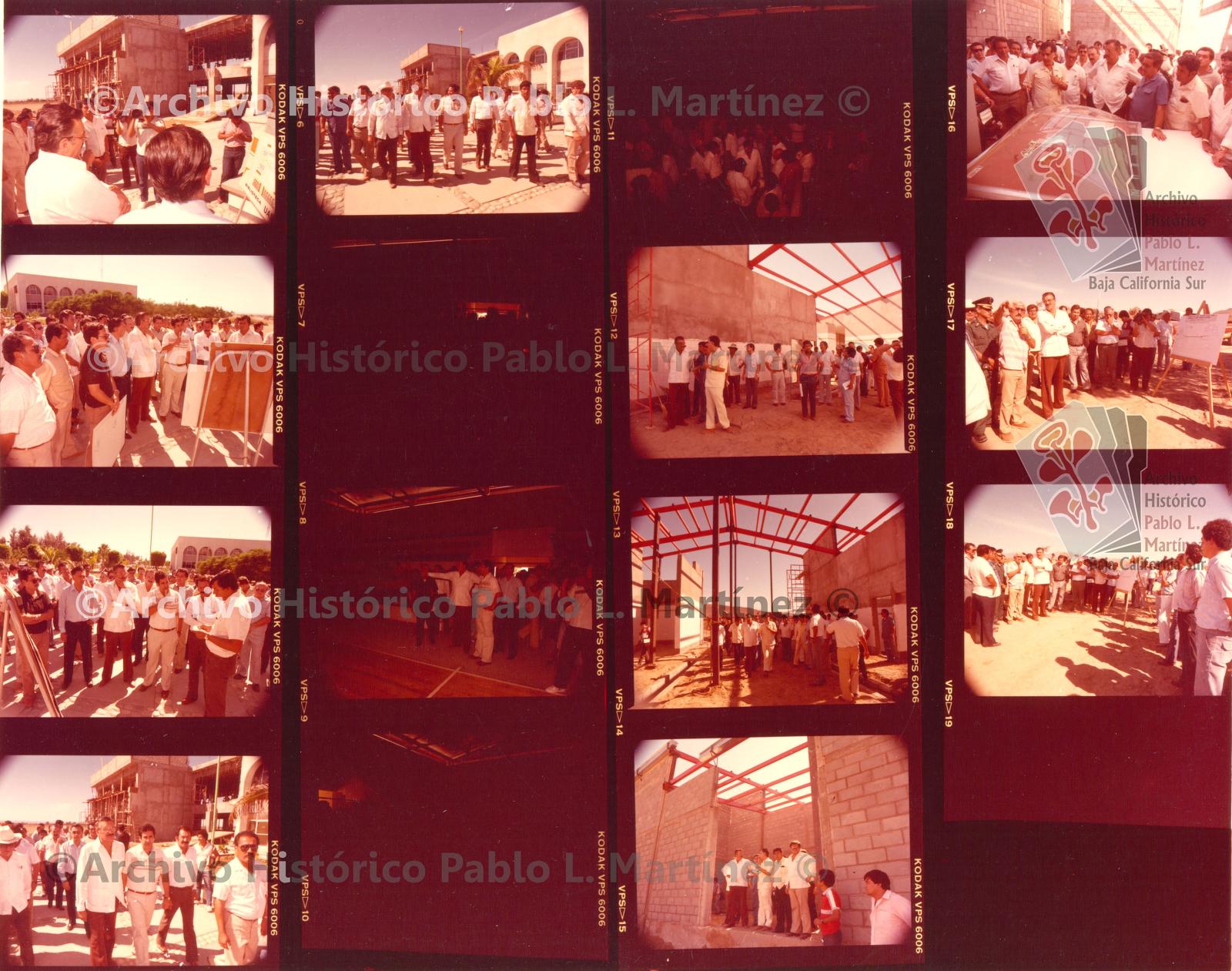 Hoja de contacto con 13 imágenes de Alberto Andrés Alvarado Arámburo en su visita a la construcción de la biblioteca de la Universidad Autónoma de Baja California Sur.