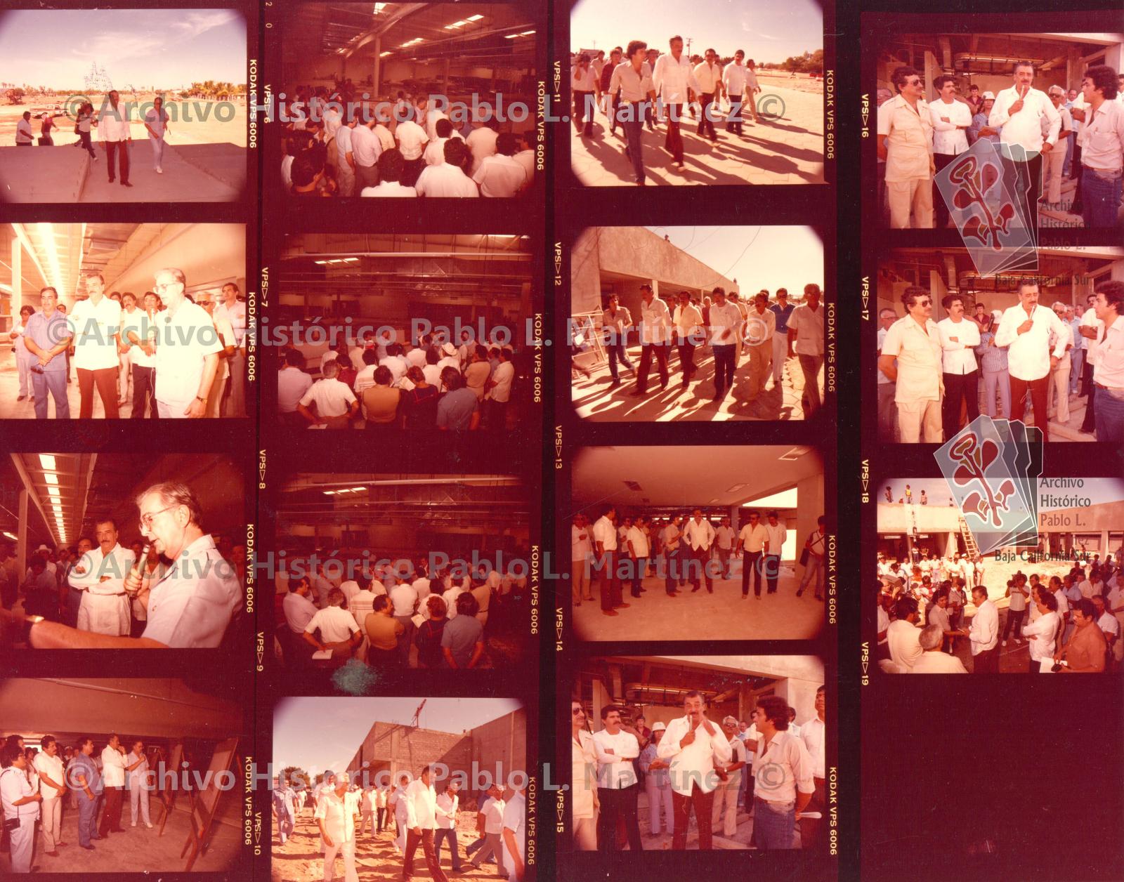 Hoja de contacto con 15 imágenes de Alberto Andrés Alvarado Arámburo en su visita a la construcción de la biblioteca de la Universidad Autónoma de Baja California Sur.