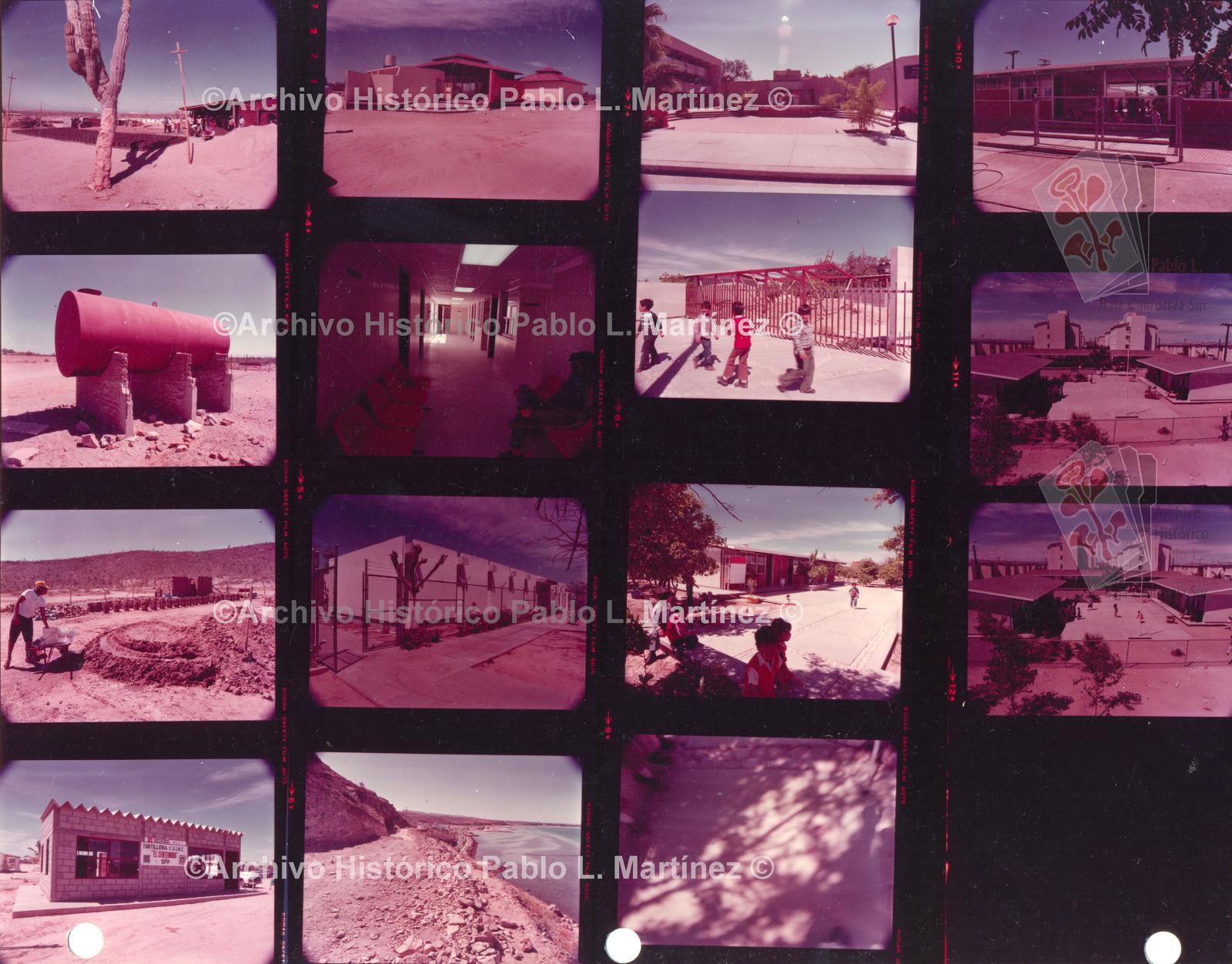 Hoja de contacto con 15 imágenes de escuelas, una bloquera y la construcción de la carretera a Pichilingue en La Paz, Baja California Sur.