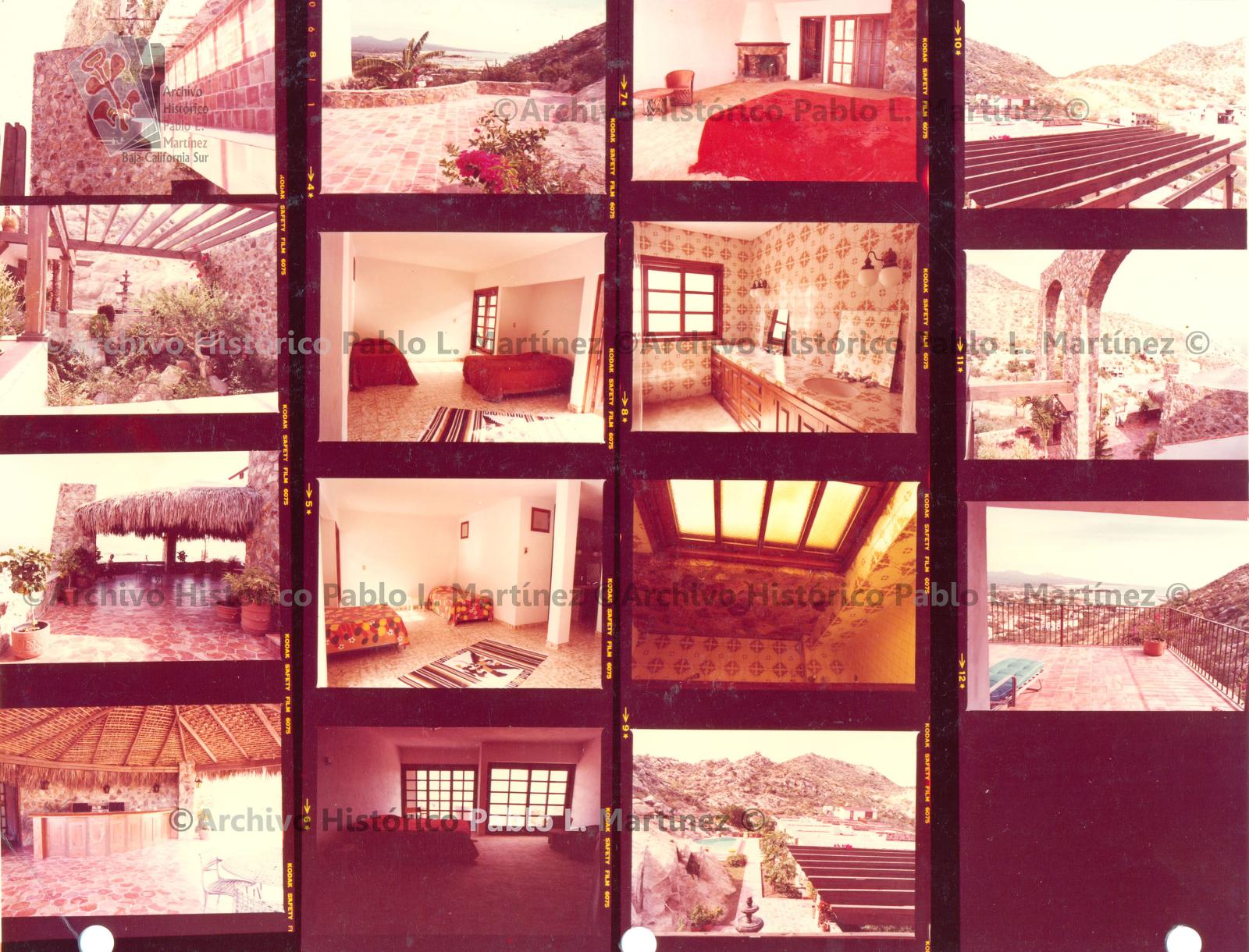 Hoja de contacto con 15 imágenes de interiores y exteriores de una residencia de piedra con vista al mar.