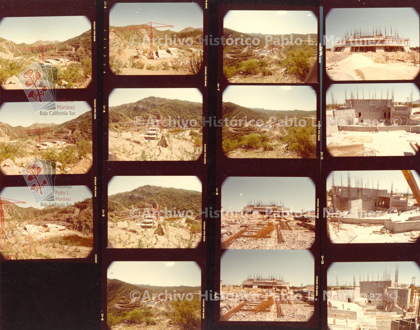Hoja de contacto con 15 imágenes de la construcción de la presa Santa Inés y del Teatro de la Ciudad de La Paz, Baja California Sur.
