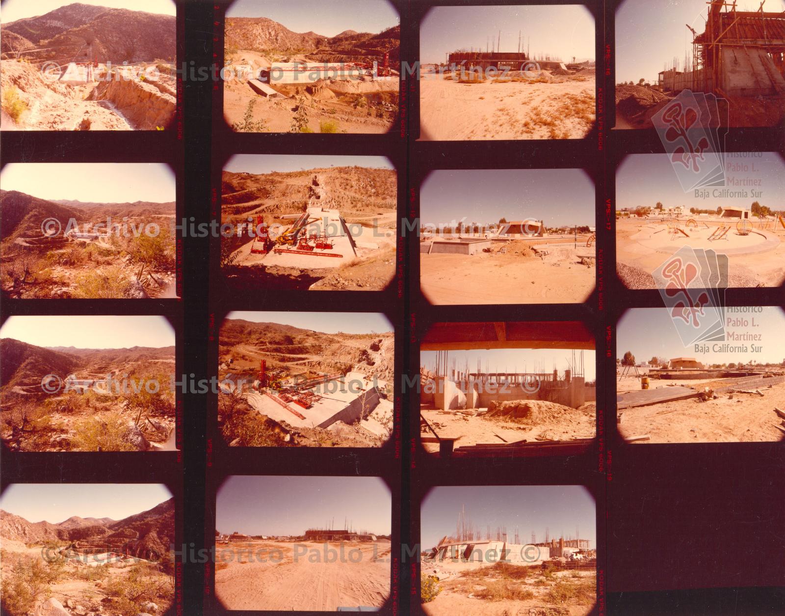 Hoja de contacto con 15 imágenes de la construcción de una presa y del Teatro de la Ciudad de La Paz, Baja California Sur.