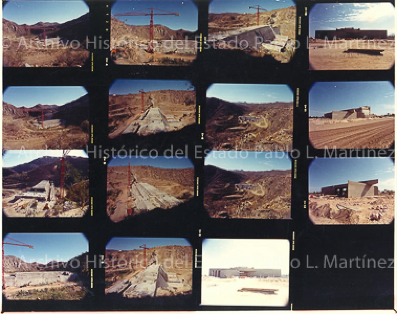 Hoja de contacto con 15 imágenes de la construcción de una presa.
