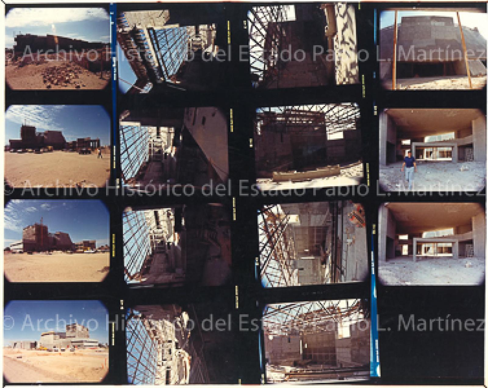 Hoja de contacto con 15 imágenes de la construcción del Teatro de la Ciudad de La Paz, Baja California Sur.