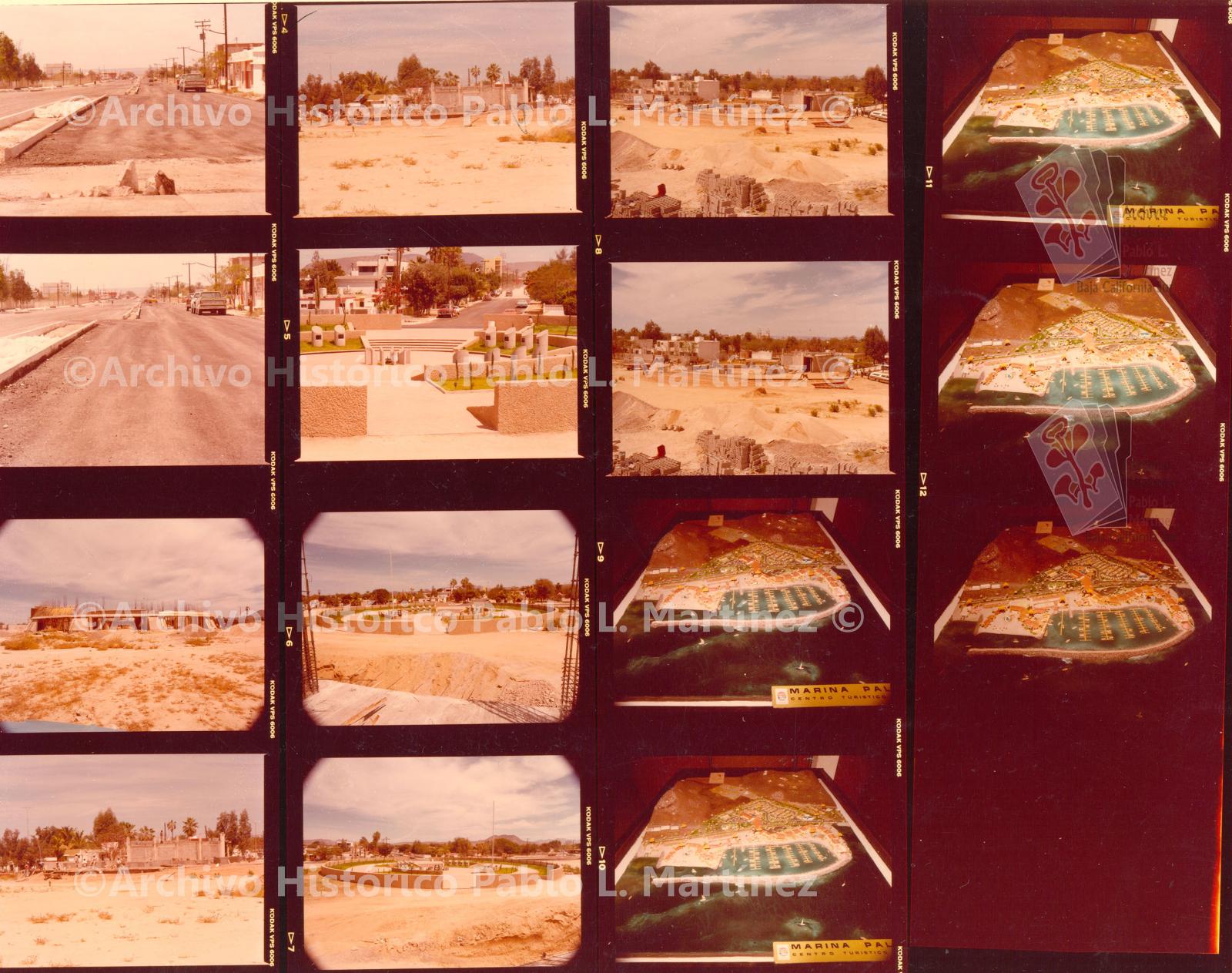 Hoja de contacto con 15 imágenes de la construcción del Teatro de la Ciudad, la Rotonda de los Sudcalifornianos Ilustres y una maqueta de la marina Palmira. La Paz, Baja California Sur.
