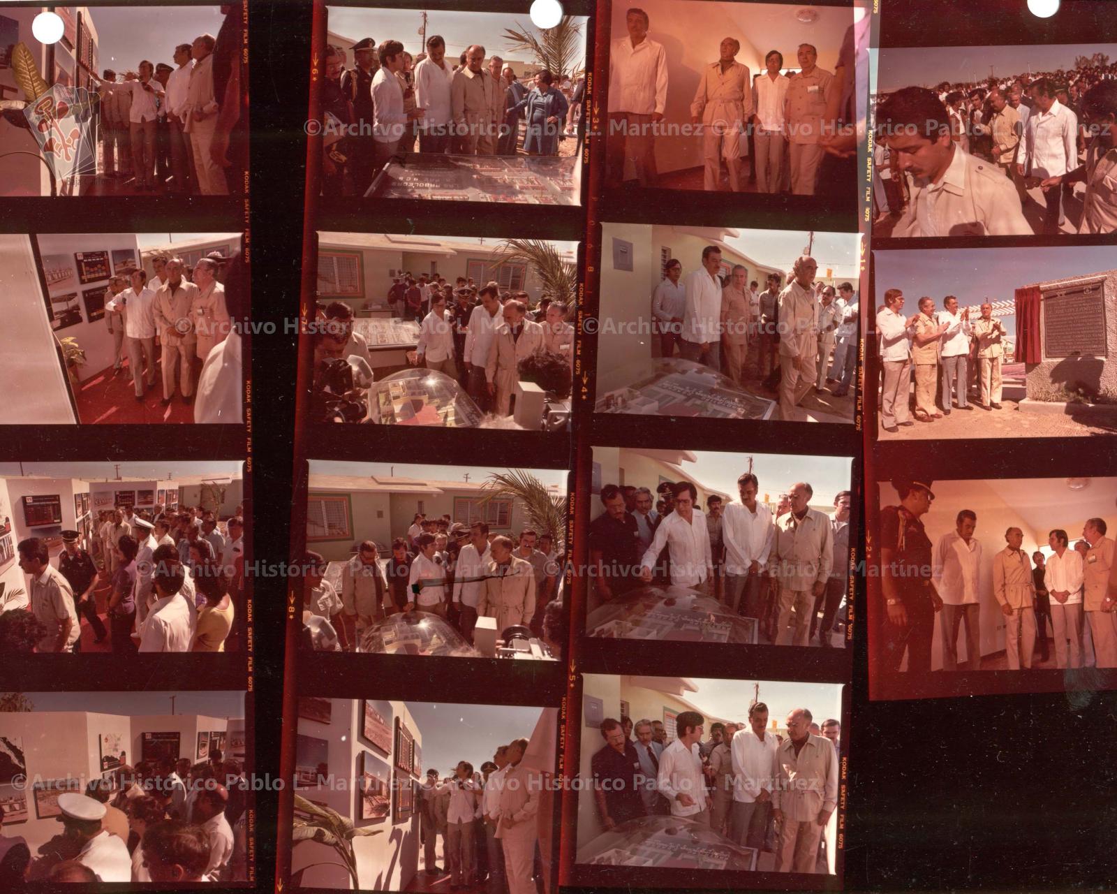 Hoja de contacto con 15 imágenes de la entrega de casas en la unidad habitacional Las Arboledas, durante una visita del presidente de la república, José López Portillo y Pacheco, a la ciudad de La Paz, Baja California Sur.