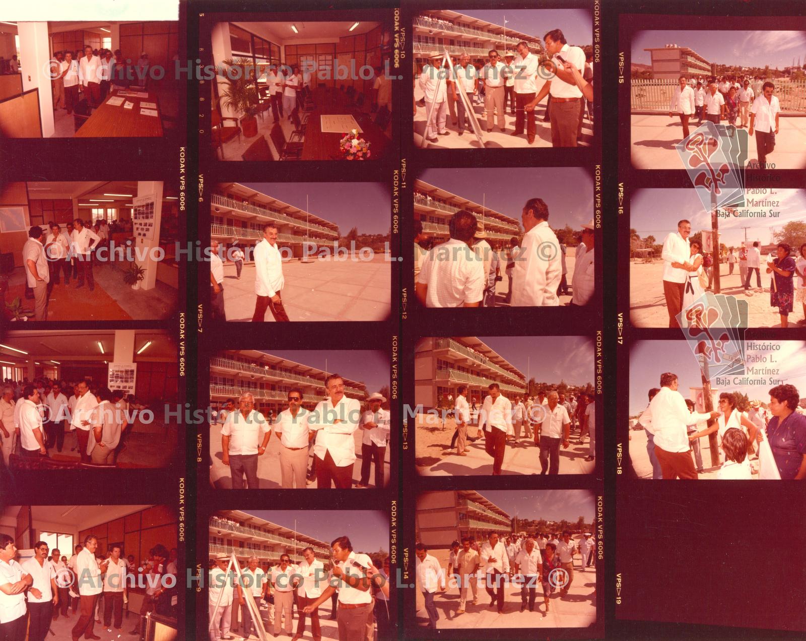 Hoja de contacto con 15 imágenes de la visita de Alberto Andrés Alvarado Arámburo a las instalaciones de la escuela preparatoria Mahatma Gandhi en La Paz, Baja California Sur.