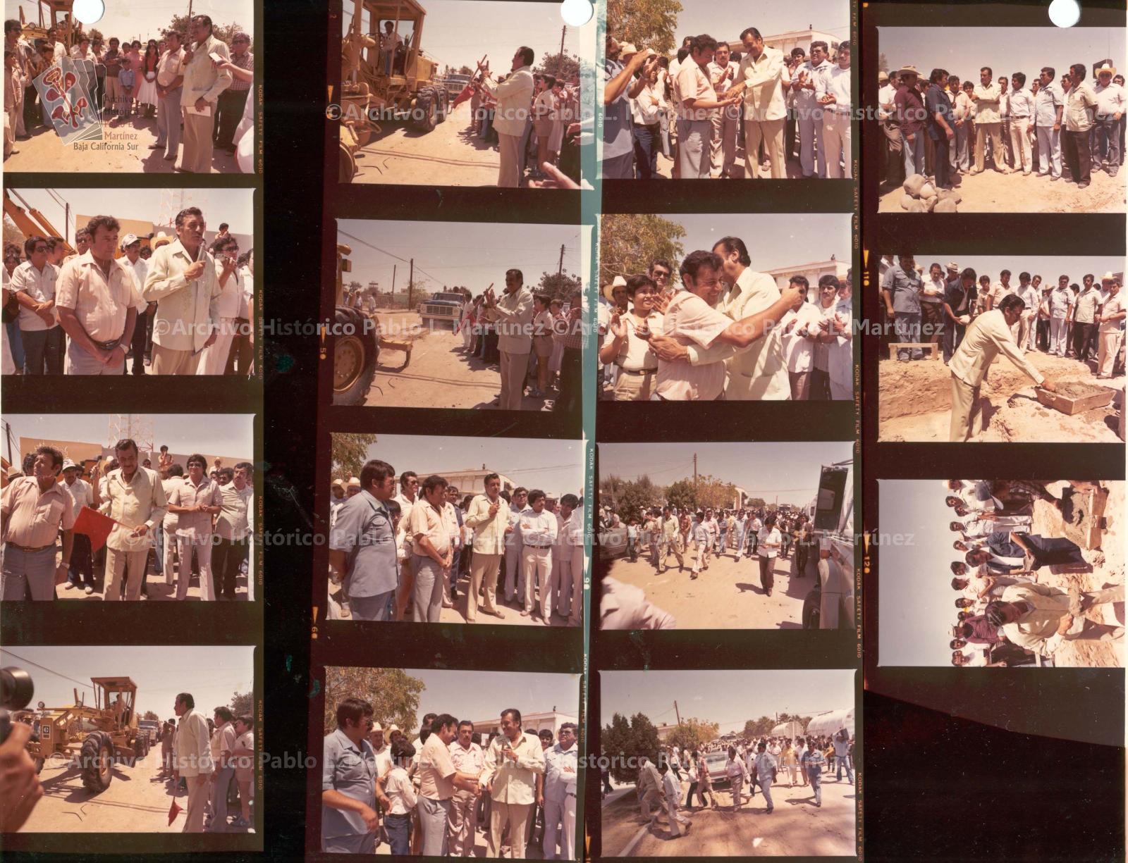 Hoja de contacto con 15 imágenes de un evento de inicio de obras por el gobernador Alberto Andrés Alvarado Arámburo en La Purísima, Baja California Sur.