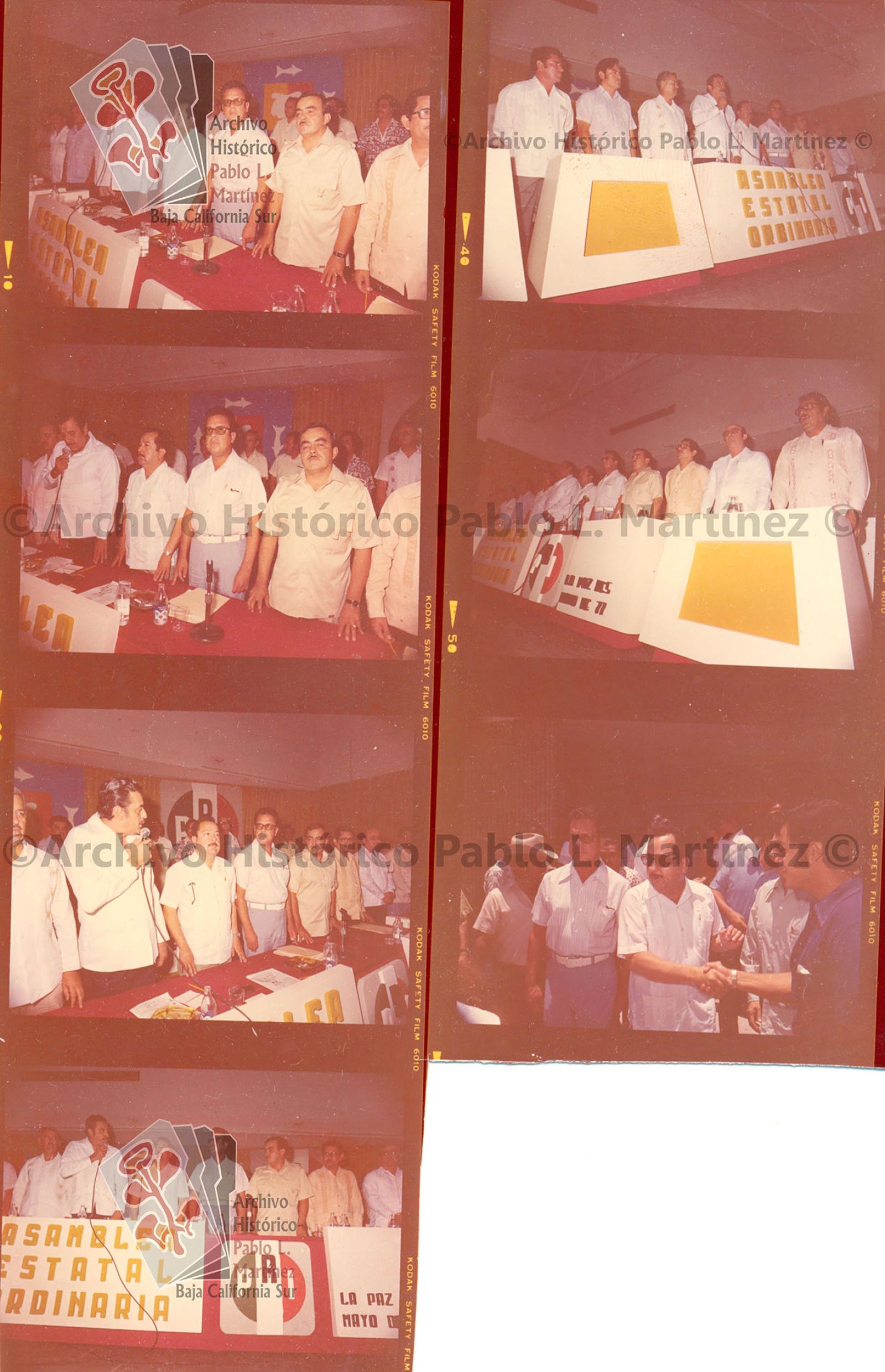 Hoja de contacto con 15 imágenes de una Asamblea Estatal Ordinaria del Partido Revolucionario Institucional en el teatro Manuel Torre Iglesias.