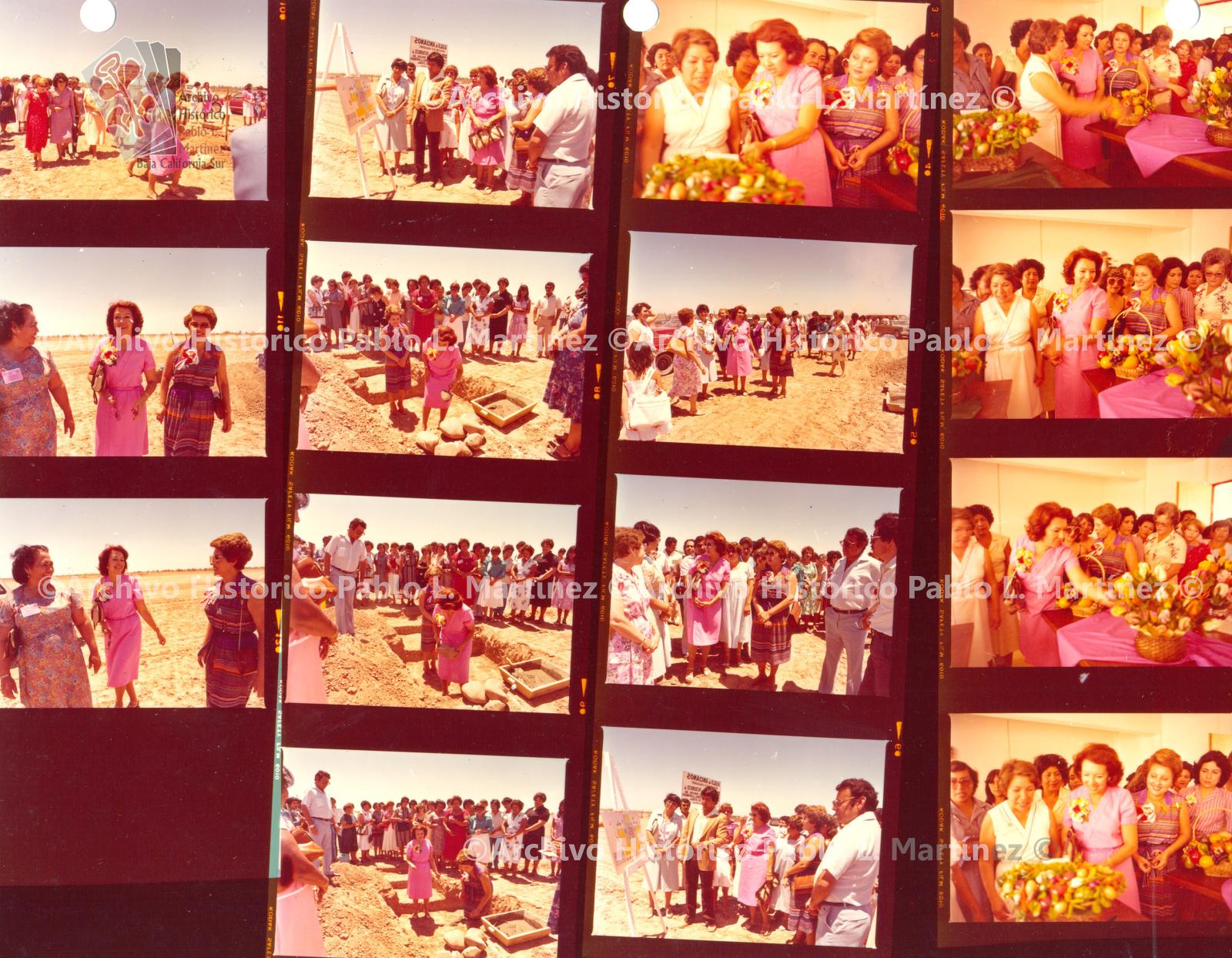 Hoja de contacto con 15 imágenes del arribo de la señora María Teresa Soto de Alvarado a una ceremonia de colocación de la primera piedra para la construcción de un asilo de ancianos.