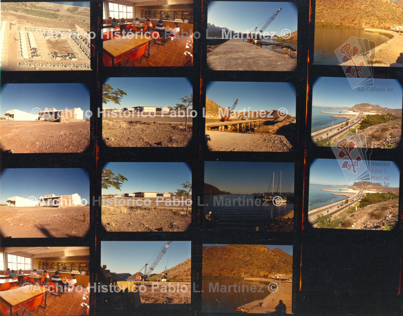 Hoja de contacto con 15 imágenes sobre la construcción de la Marina Palmira y de la biblioteca de la Preparatoria Morelos en La Paz; e imágenes de Puerto Escondido y de una escuela preparatoria en Loreto, Baja California Sur.