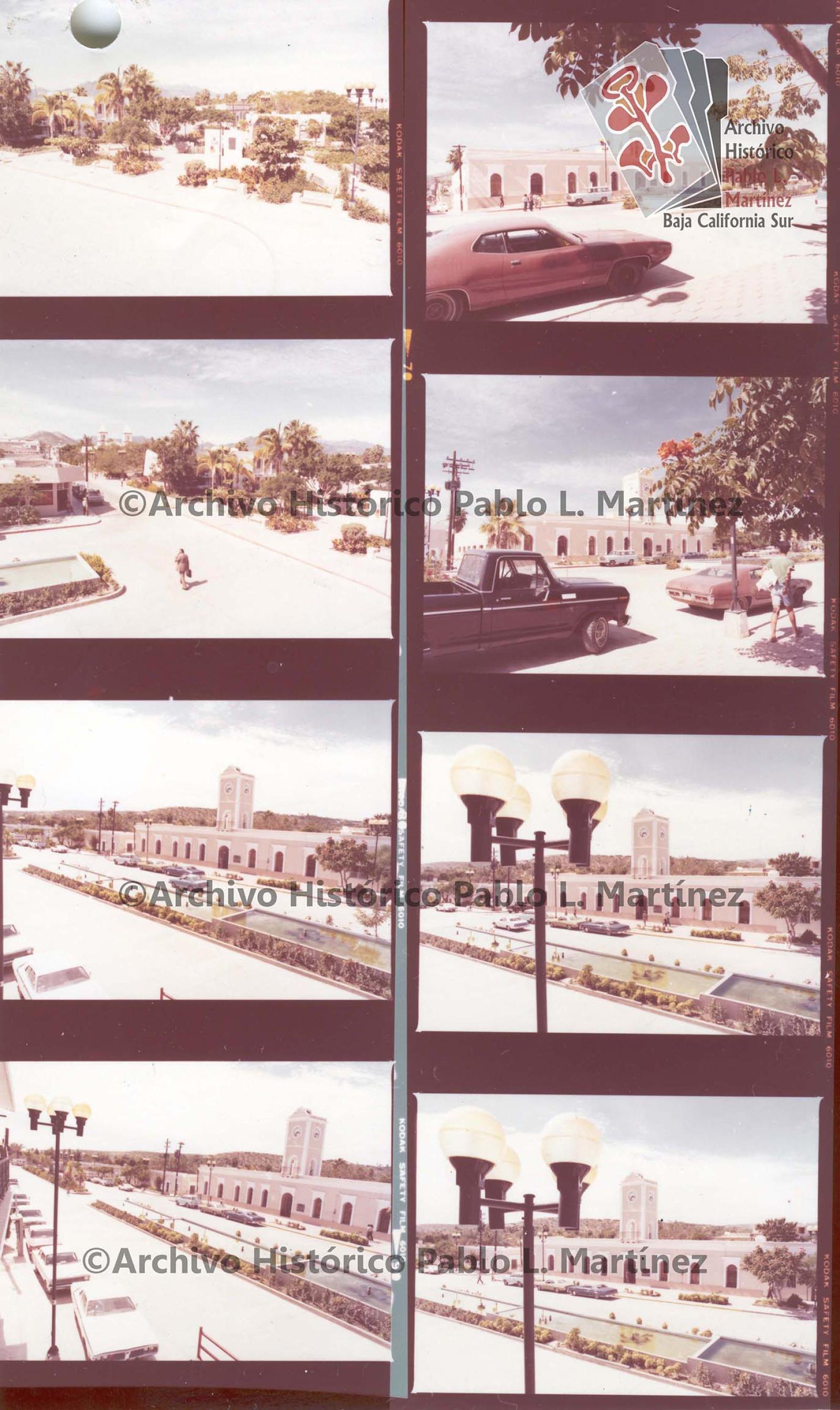 Hoja de contacto con 8 imágenes de la Plaza Mijares, Palacio municipal e Iglesia de la misión de San José del Cabo, Baja California Sur.