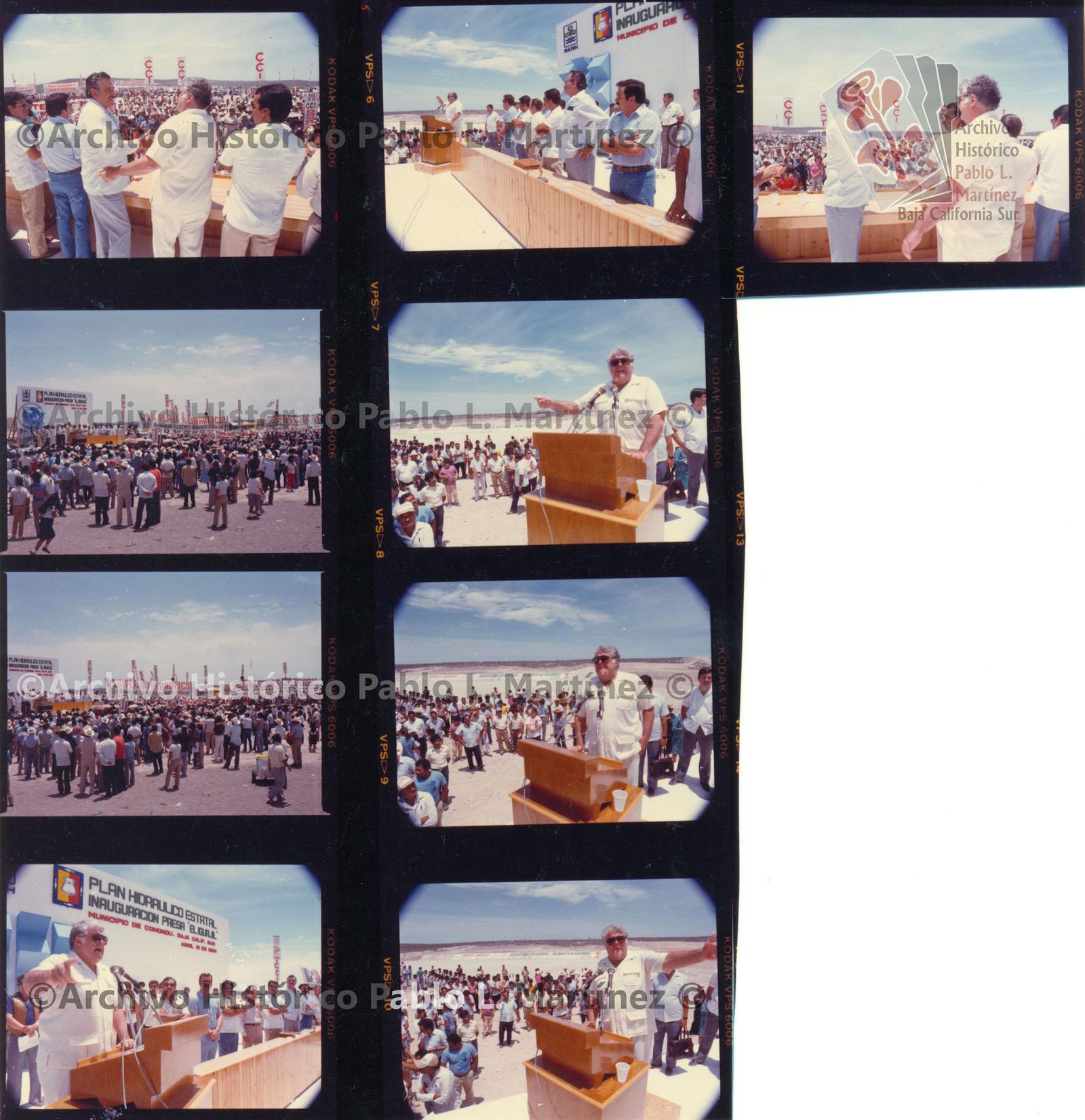 Hoja de contacto con 9 imágenes de Alberto Andrés Alvarado Arámburo y funcionarios públicos durante la inauguración de la presa El Aguajil, en Comondú, Baja California Sur.