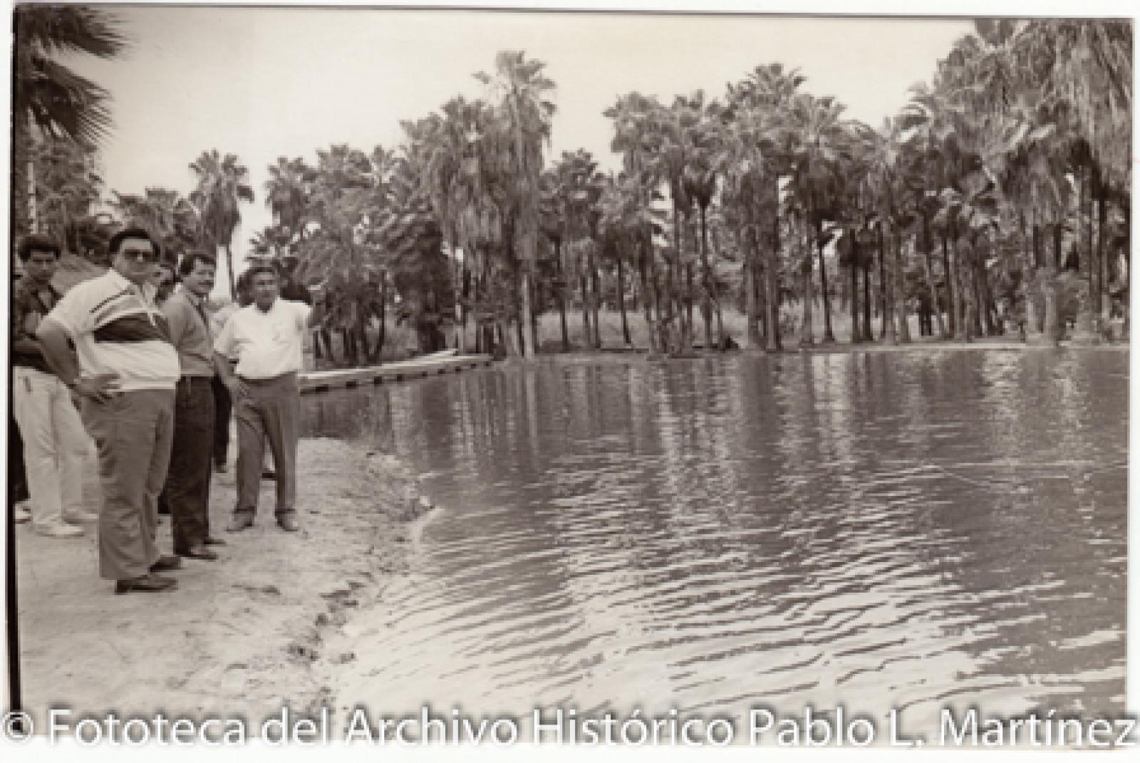 Luis Donaldo Colosio, acompañado por grupo de hombres, en oasis.