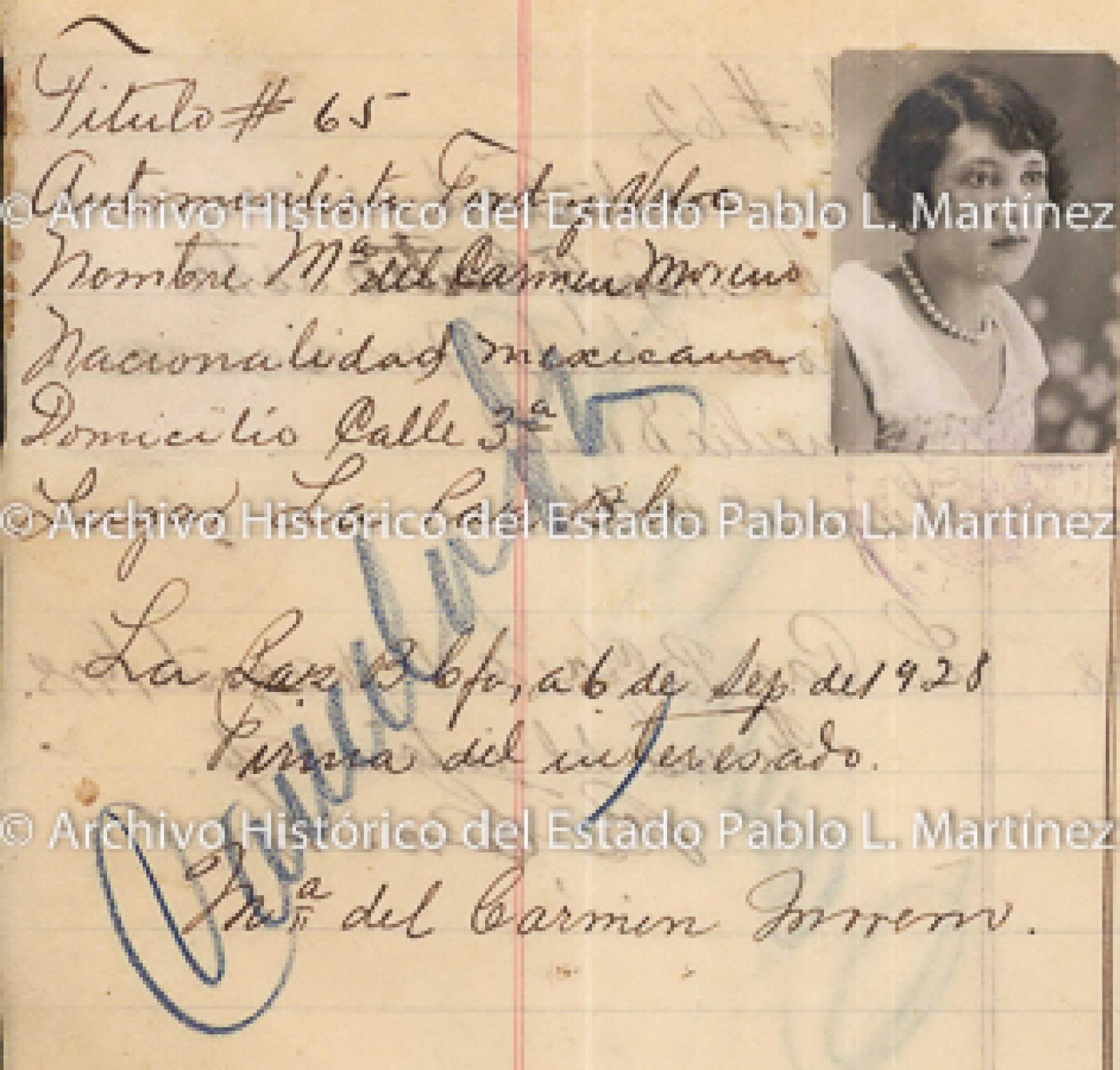 "Ma. Del Carmen Moreno", retrato.