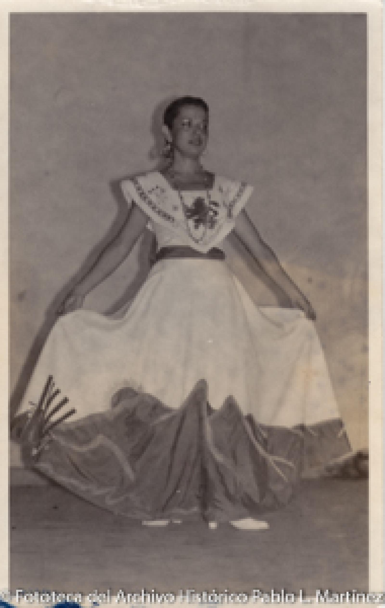 Mujer que porta vestuario bordado.