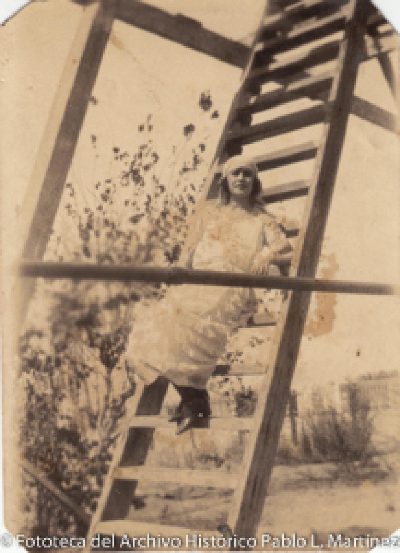 Mujer sentada sobre escalera de madera, al aire libre.