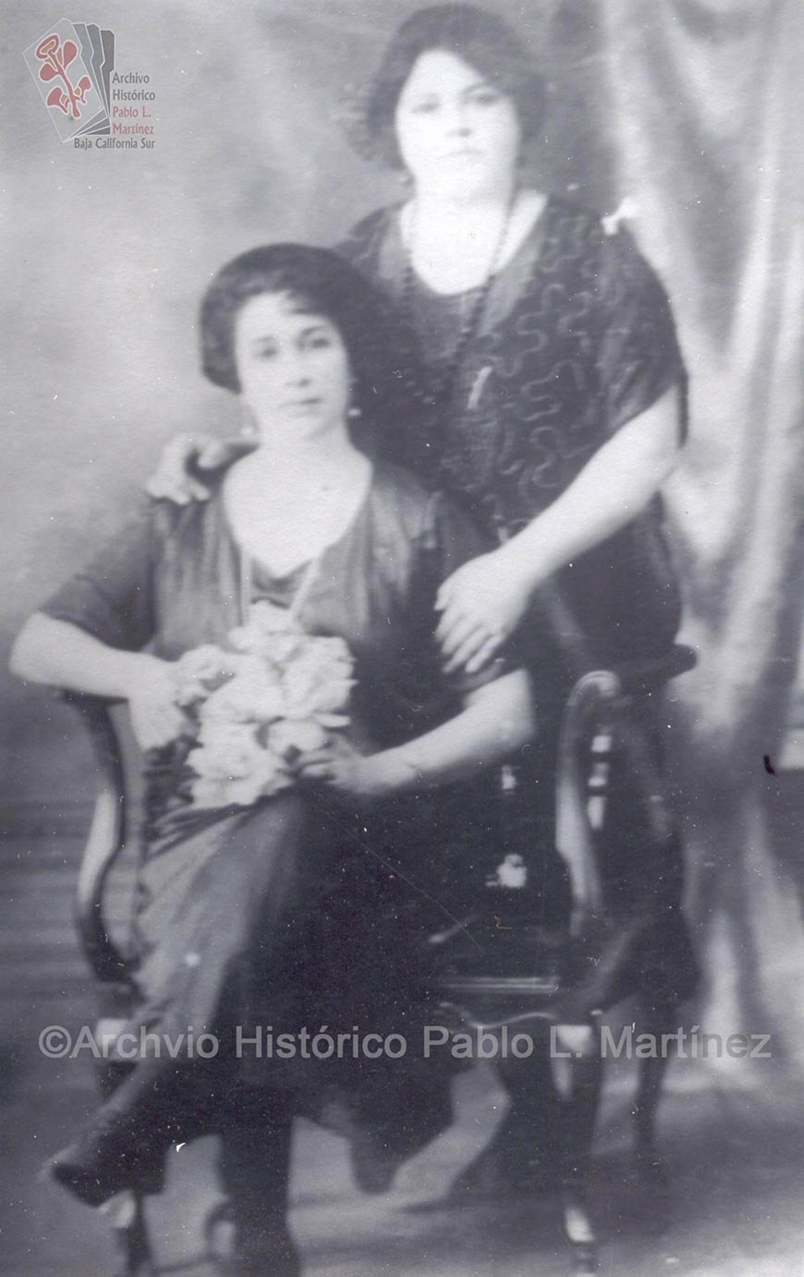 Mujeres que visten elegante, posan una sentada y otra de pie.