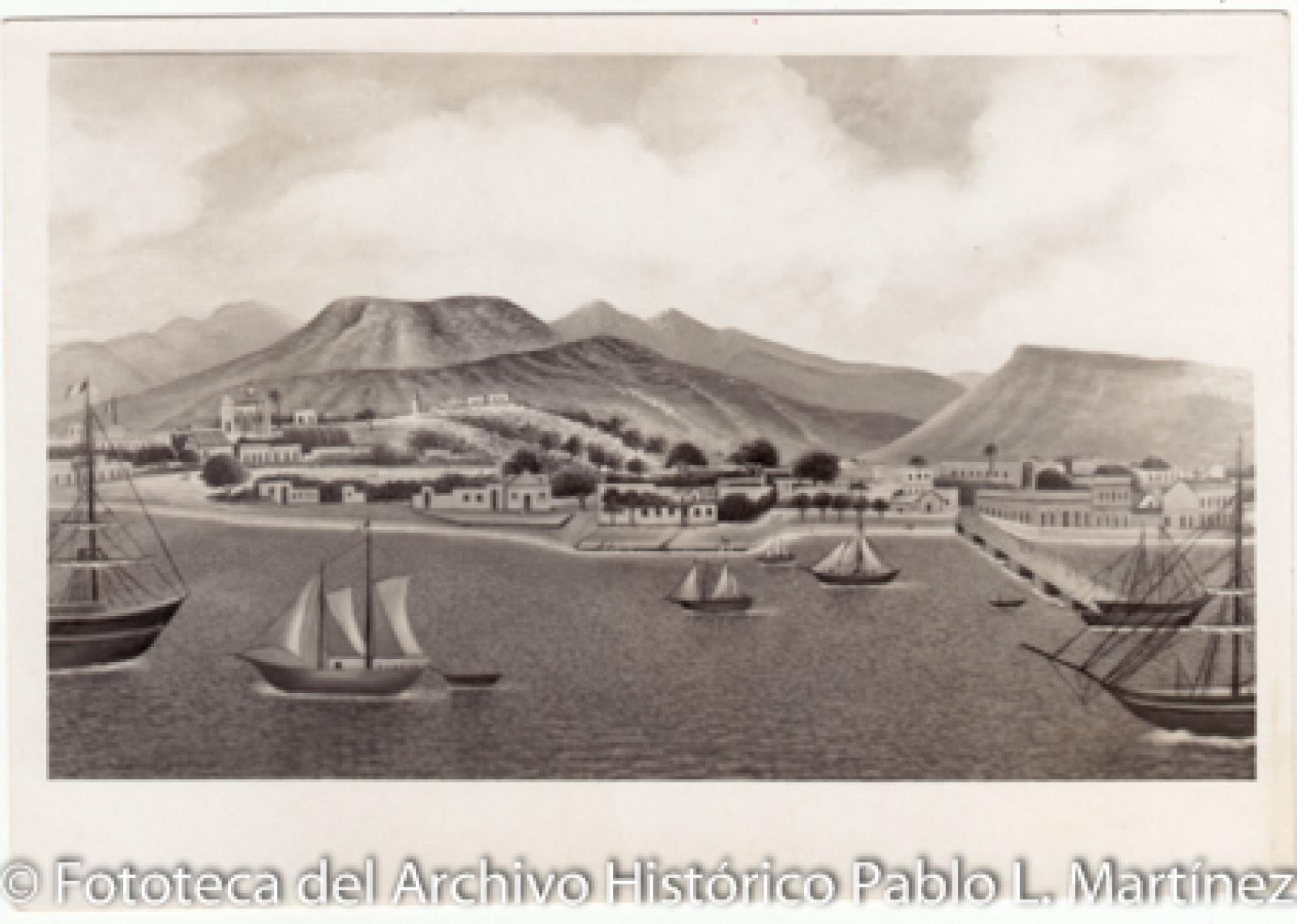 Vista panorámica del Puerto de La Paz, en dibujo.