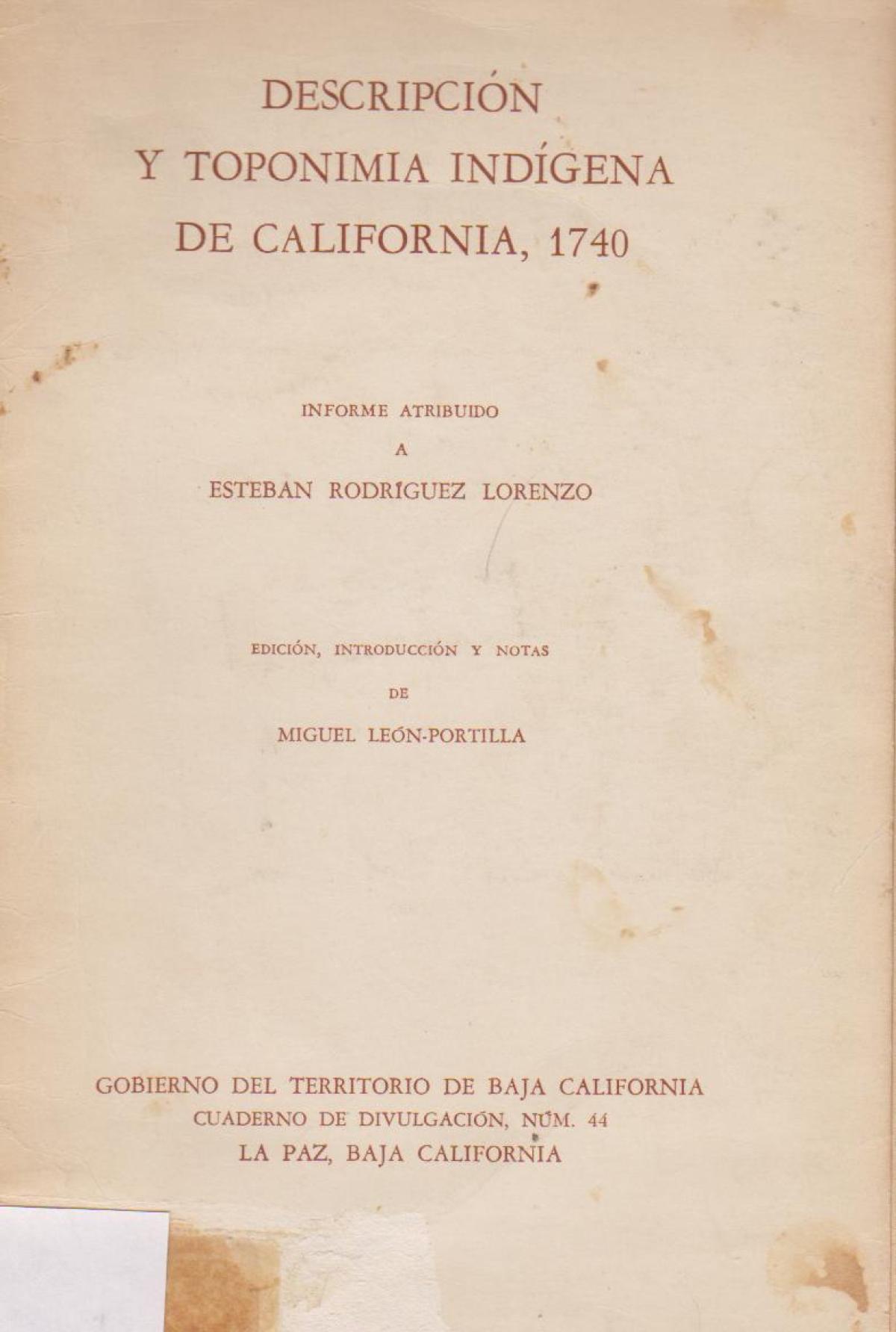 Descripción y toponimia indígena de California, 1740