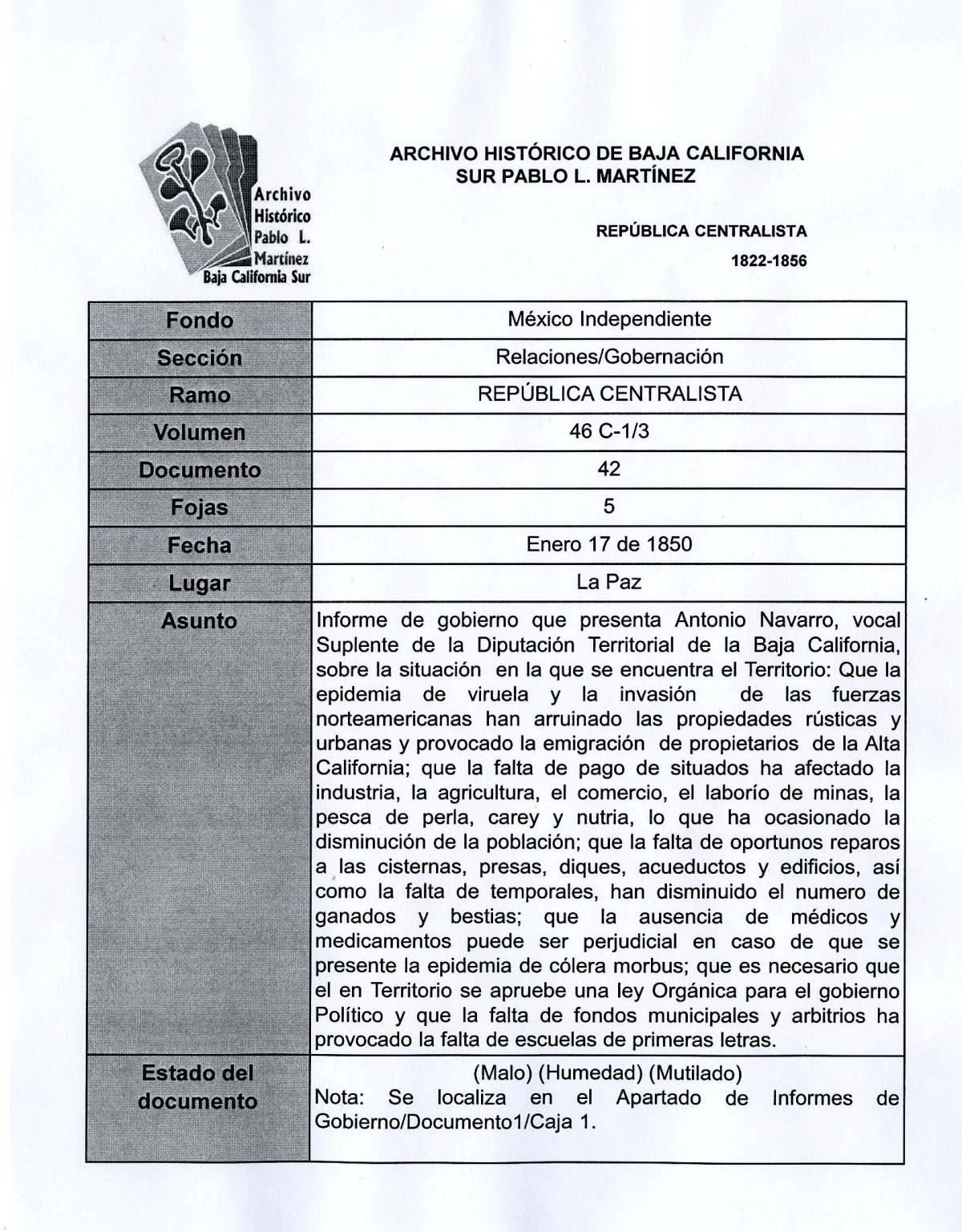 Informe de Gobierno de Antonio Navarro, Vocal Suplente de la Diputación Territorial de la Baja California. Enero 17 de 1850.